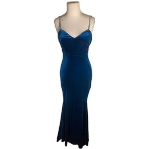 Navy Blue Stretch Velvet Floor Length Dress | Rhinestone Straps & Lace Back